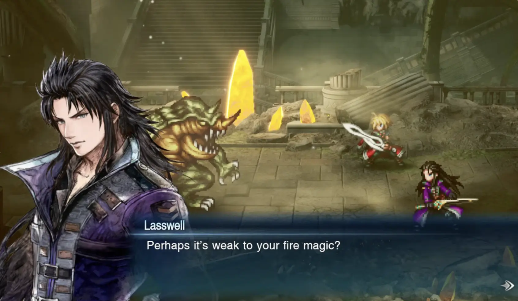 Rain and Lasswell discovering that the Earth Shrine monster Belmodar is vulnerable to Fire magic