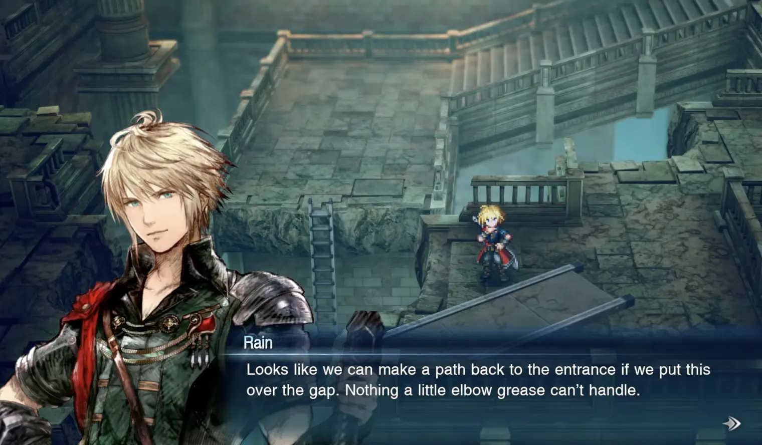 The Kolobos Ruins shortcut where the party places a movable object across a gap to reconnect the route to the entrance