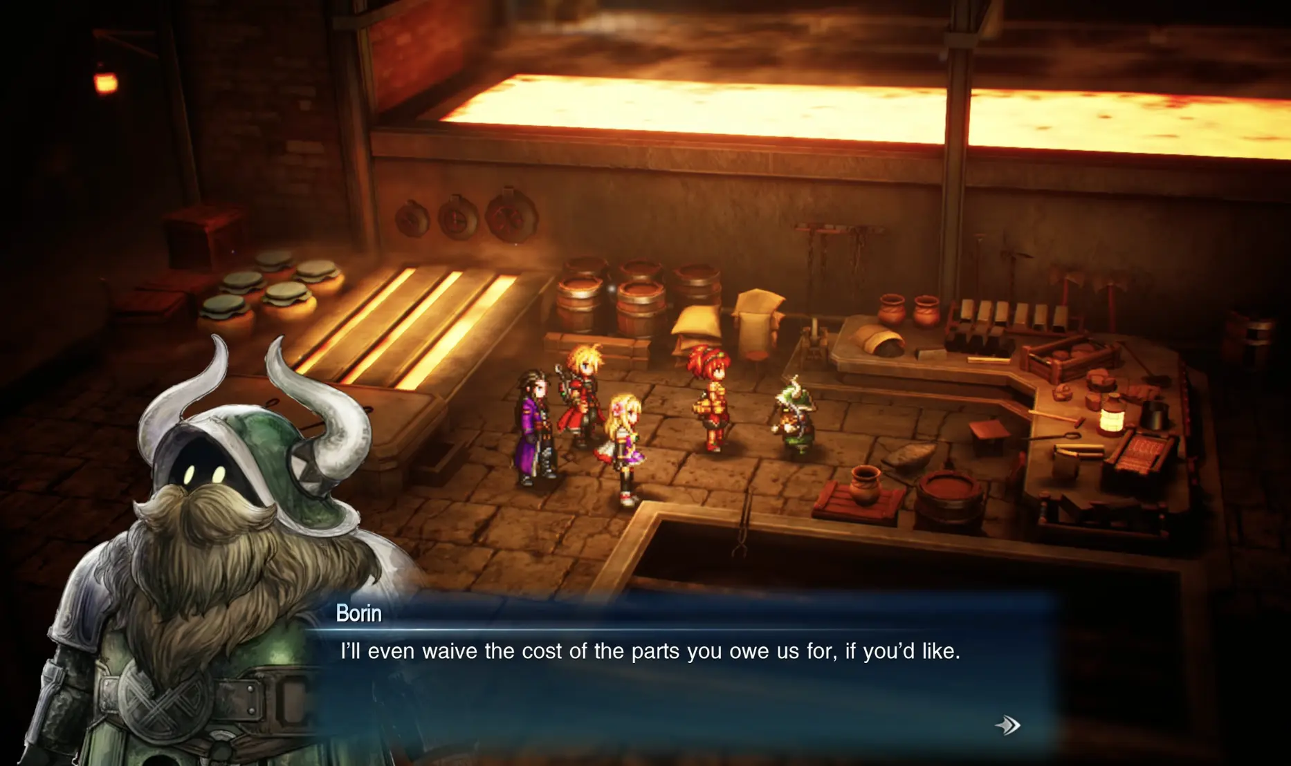 Borin asking Rain's party to defeat the monster at the Dwarven Forge in exchange for waiving the airship parts cost