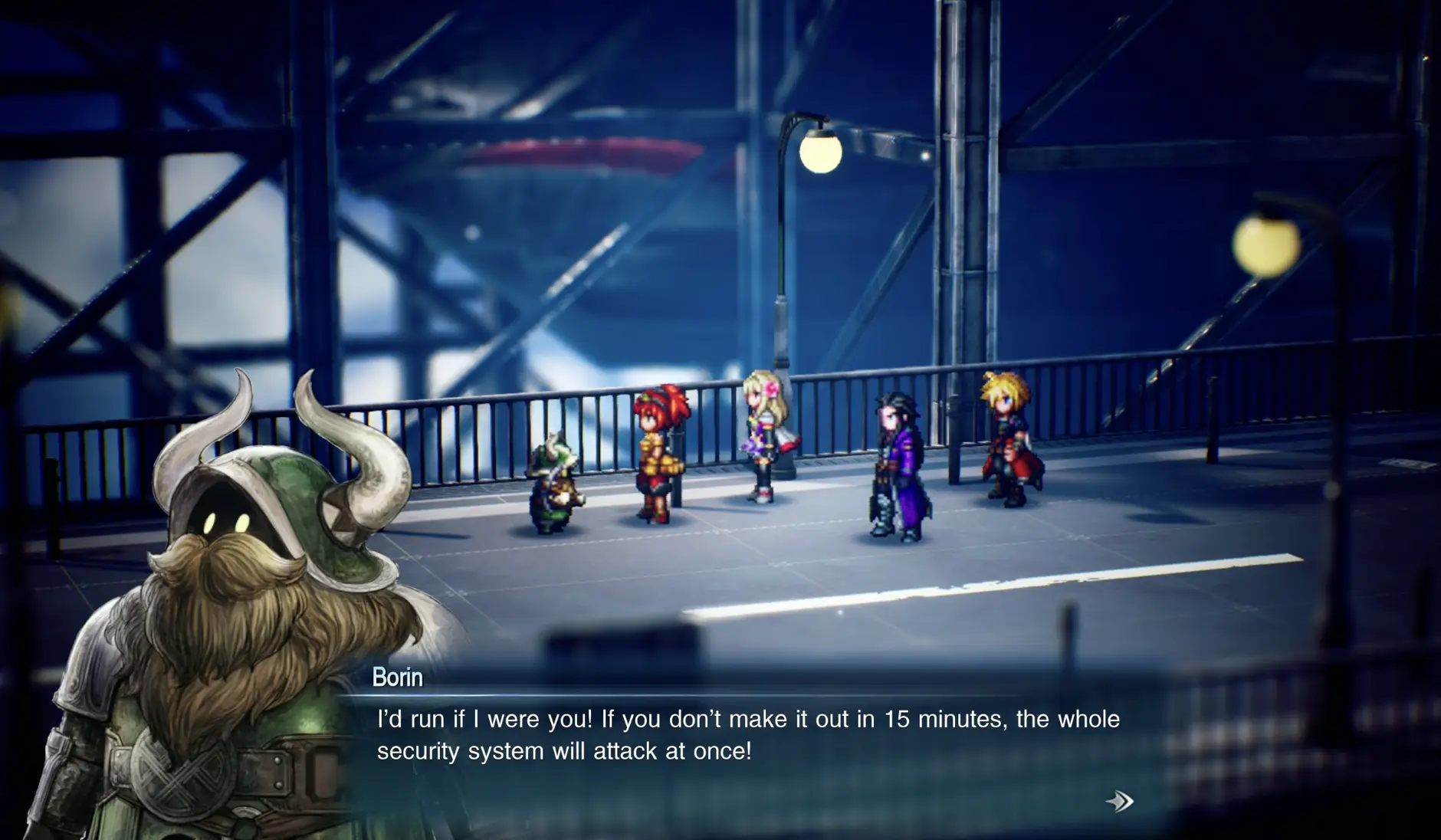 Mobliz Shipyard warning that the security system will attack if the party does not escape within fifteen minutes