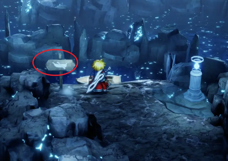 Wooden directional sign, boat landing, and glowing water-level control inside the Cave of Waters