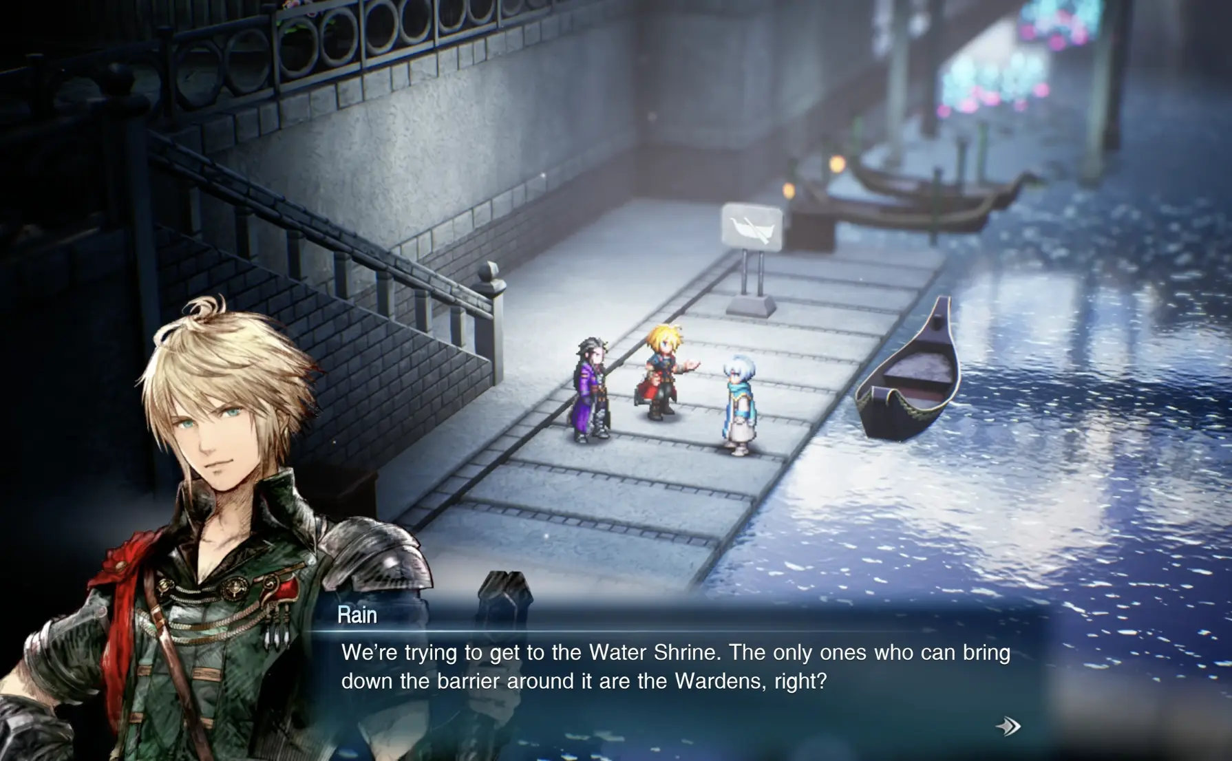 Rain asking Nichol about the Wardens' ability to remove the Water Shrine barrier