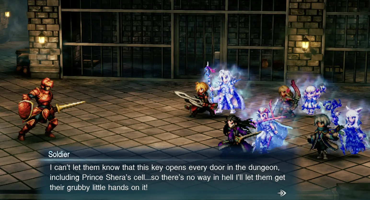 Imperial soldier revealing that his key opens every door in the dungeon, including Prince Shera's cell