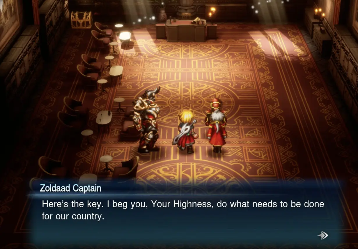 Zoldaad Captain handing the throne room key to Prince Shera in the Captain's Quarters