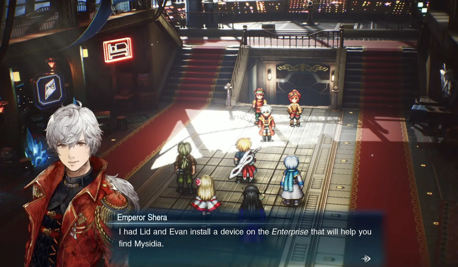 Emperor Shera explaining the magic-detecting device installed aboard the Enterprise