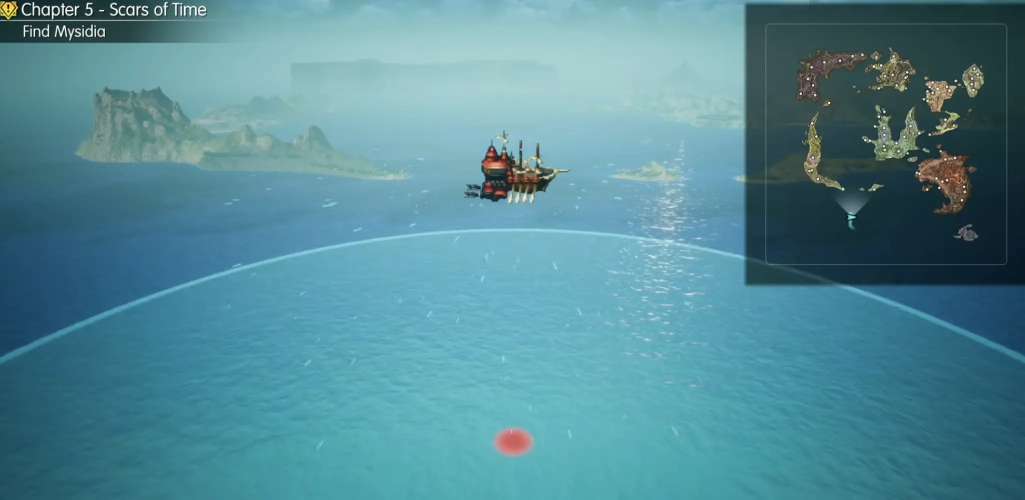 Enterprise flying over the southern ocean with the world map showing the location used to discover Mysidia