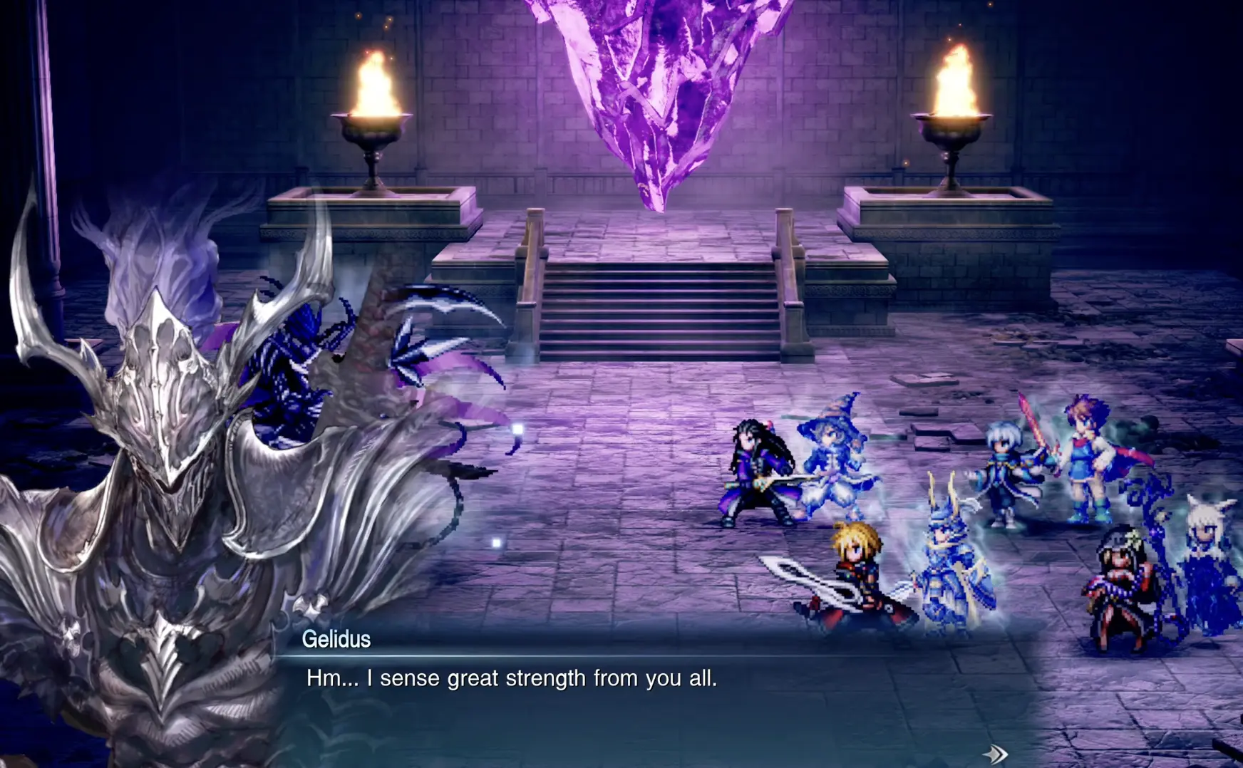 Gelidus challenging Rain and the entire party in Sanctissimus Shrine's inner chamber