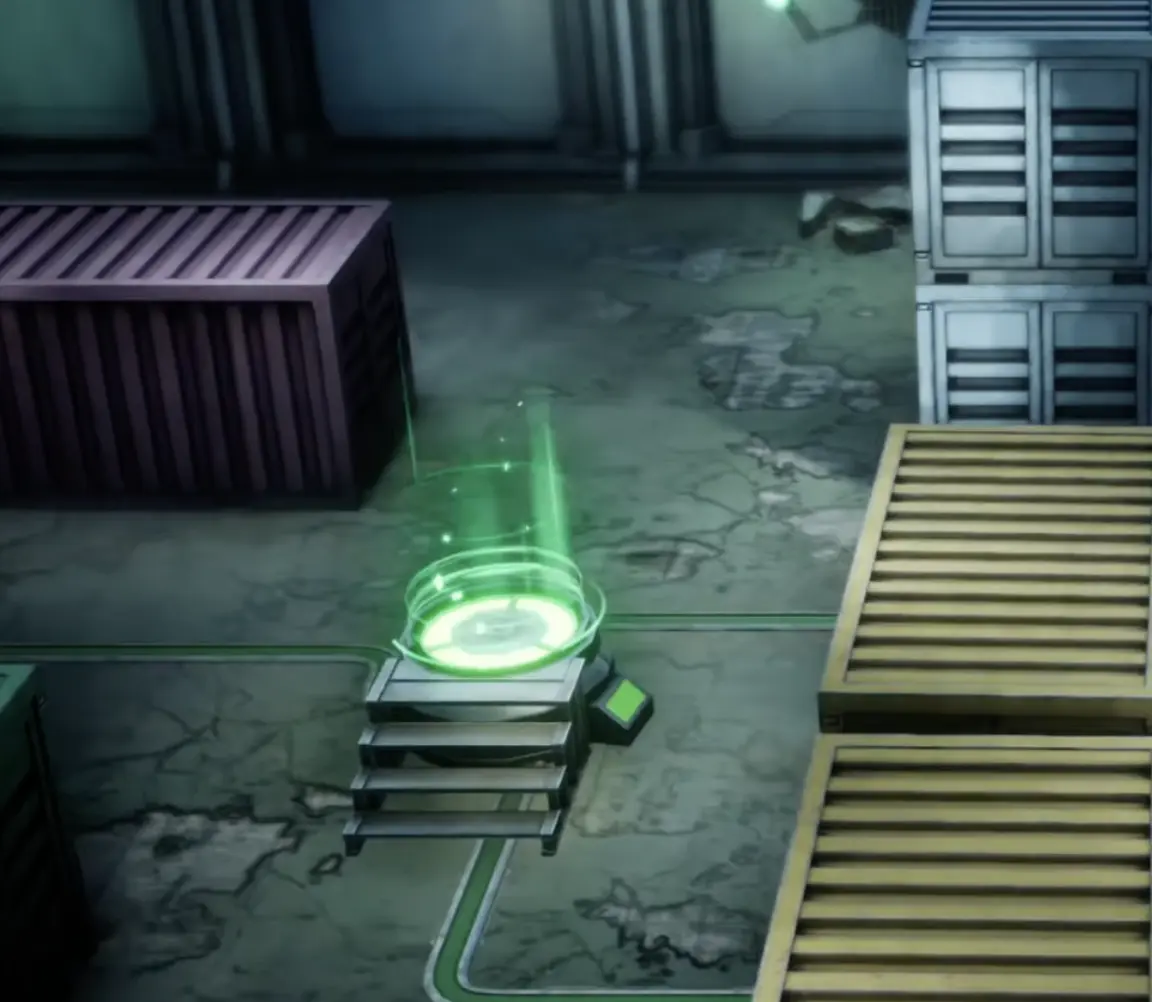 Activated green teleporter inside the Research Center Ruins after the laboratory controls are operated