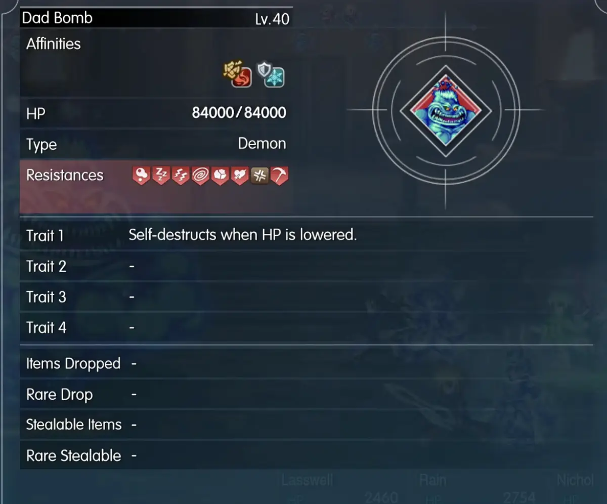 Dad Bomb Libra details showing 84000 HP and a self-destruct trait triggered by lowered HP