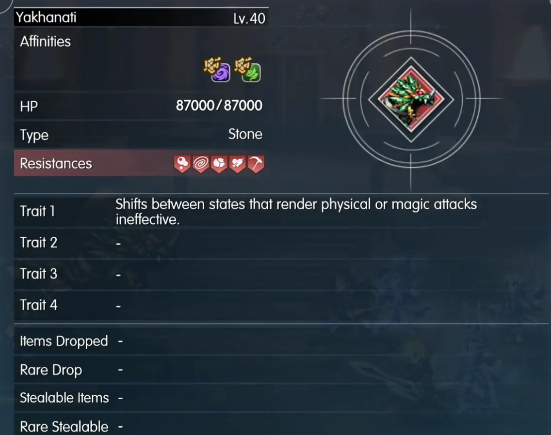 Yakhanati Libra screen describing its ability to switch between physical and magical immunity states