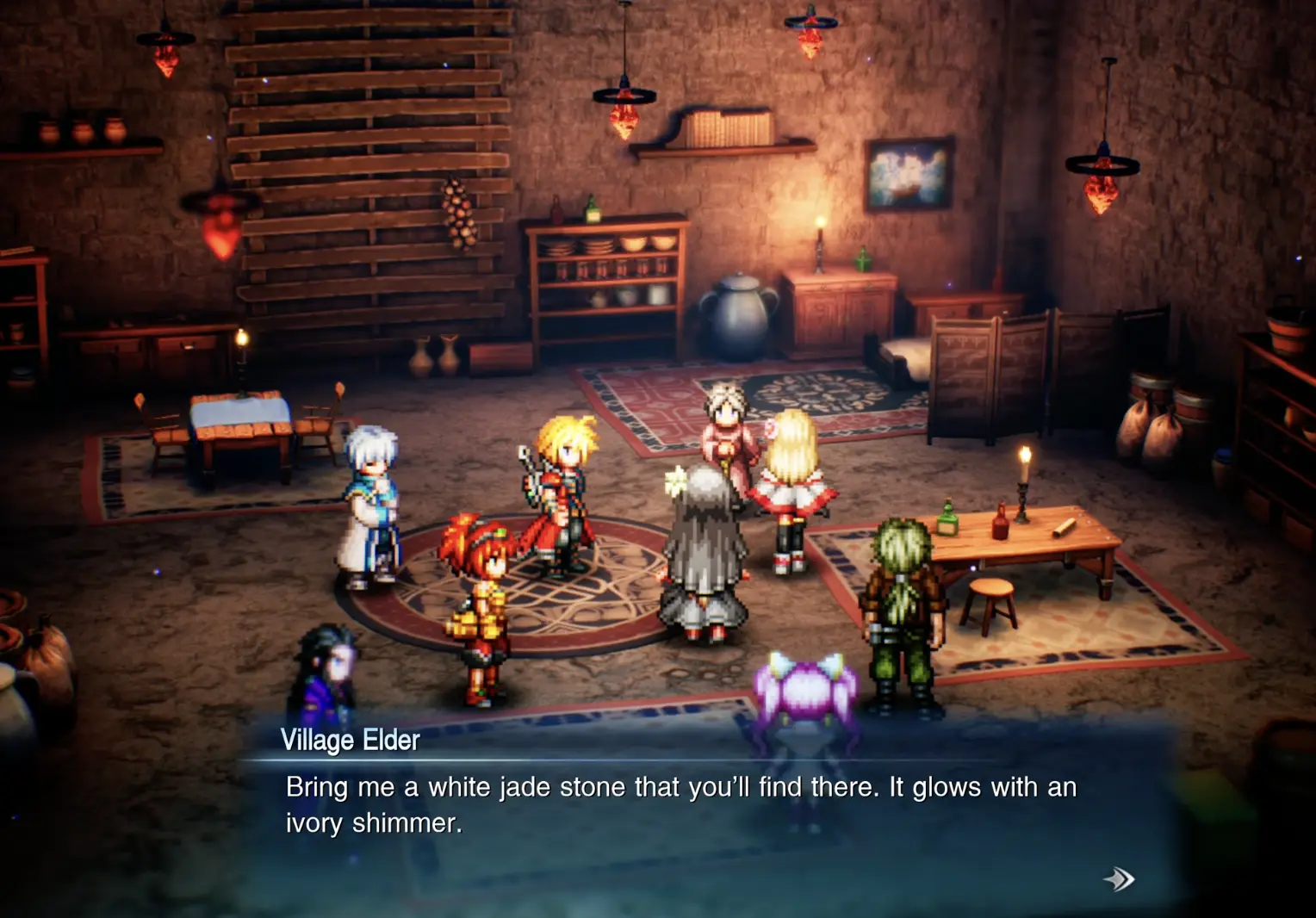 Gaberads elder asking the party to bring a White Jade Stone from the ruins east of town so Fina can learn Holy