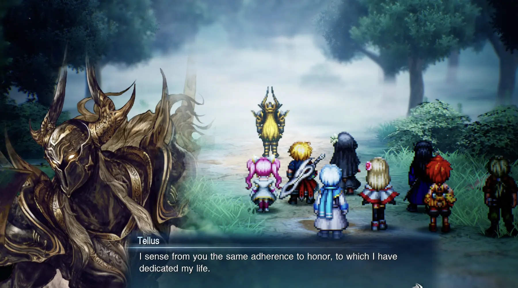 Tellus, Veritas of the Earth, preparing for his final battle against Rain's party along Forest Path