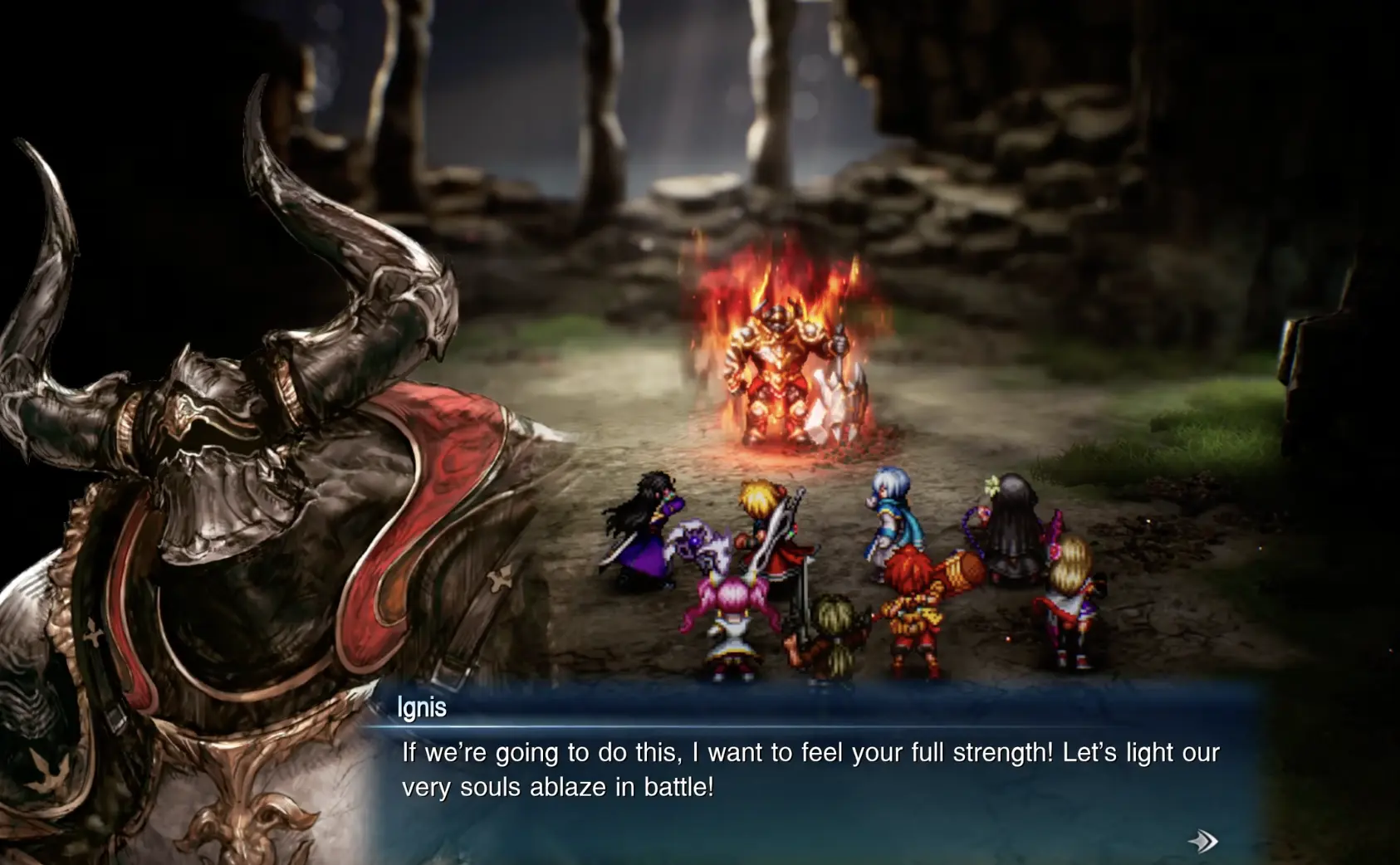 Ignis confronting Rain's party while using the remaining power of his armor during Chapter 7