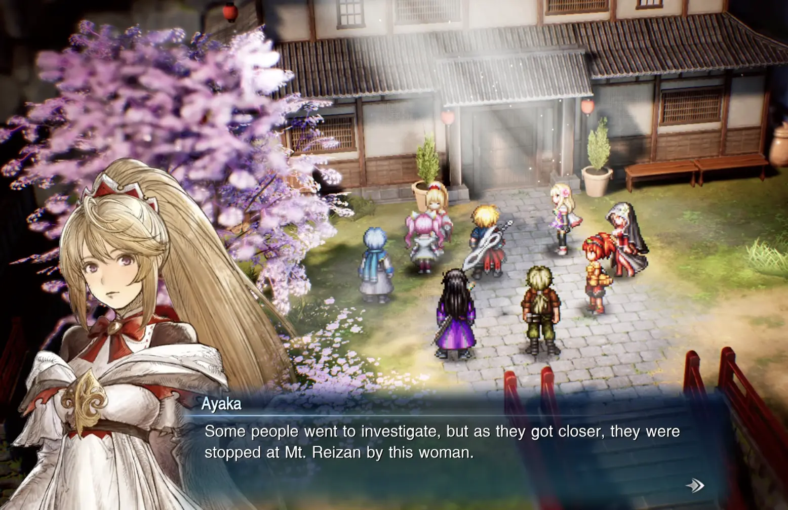 Ayaka telling Sakura and Rain about the floating Wandering Lands and the armored woman seen near Mt. Reizan