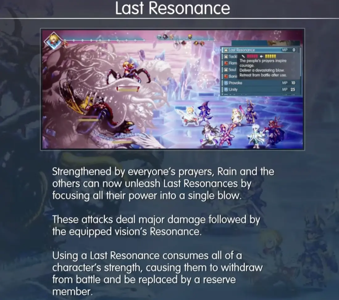 Last Resonance tutorial explaining the final battle's damage and character replacement rules