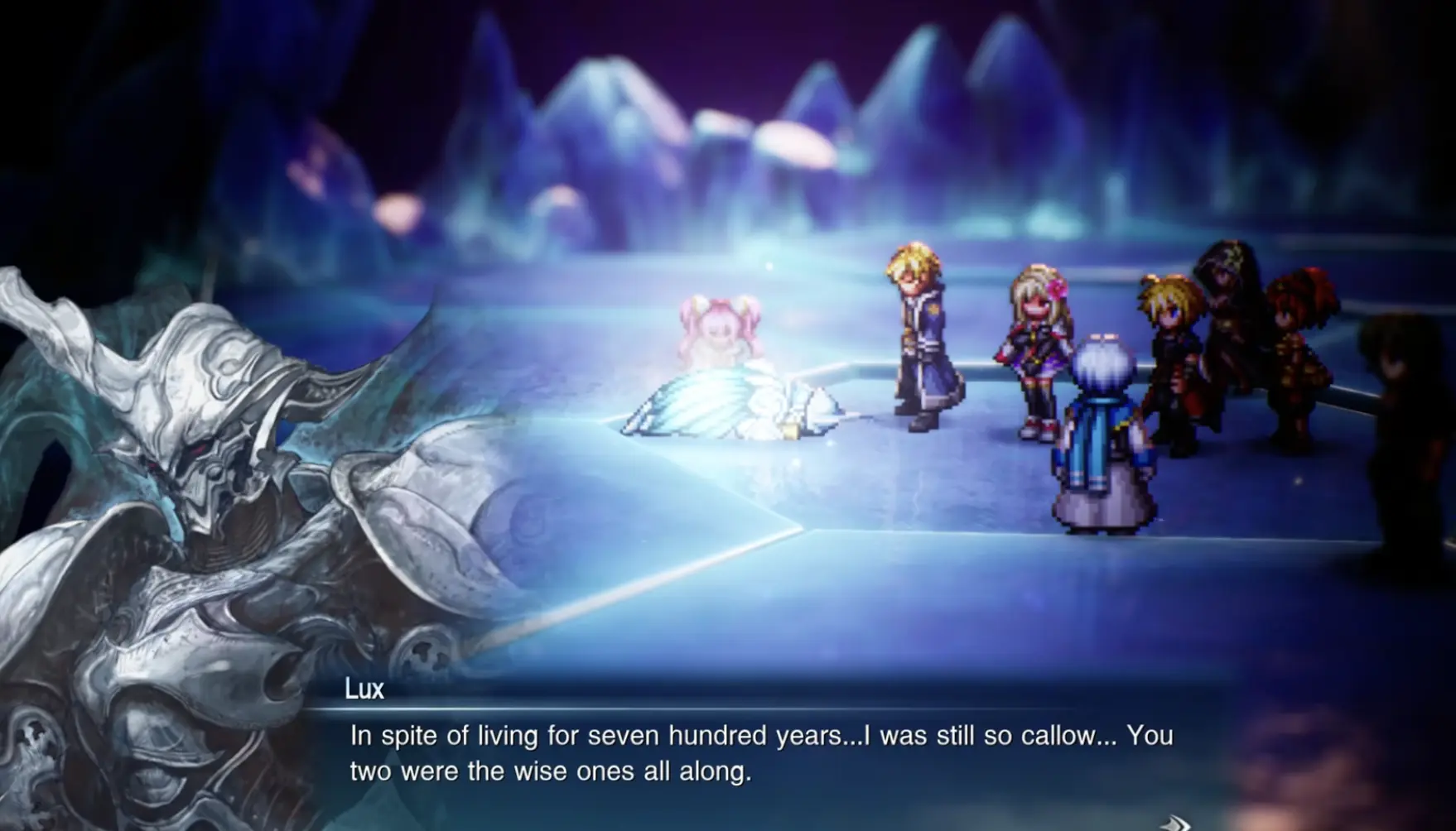 Lux speaking to the party after the battle in which Alluvion and Lux exhaust their armor's power