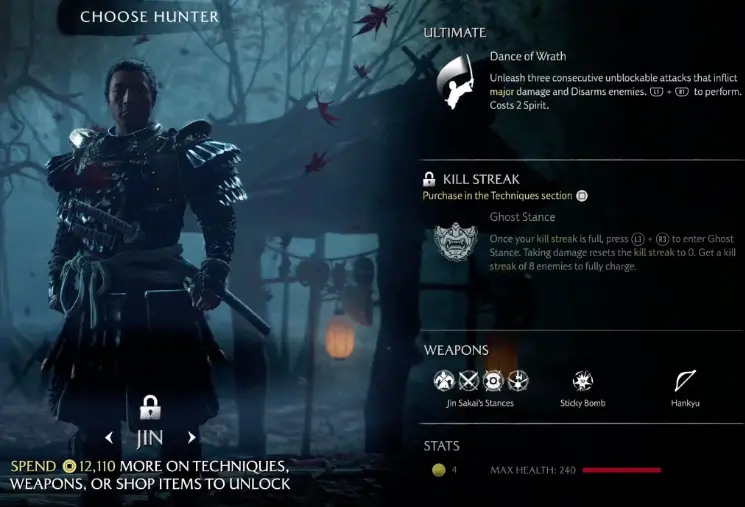 Jin Sakai showing 12,110 Mon remaining to unlock in Ghost of Yotei Most Wanted