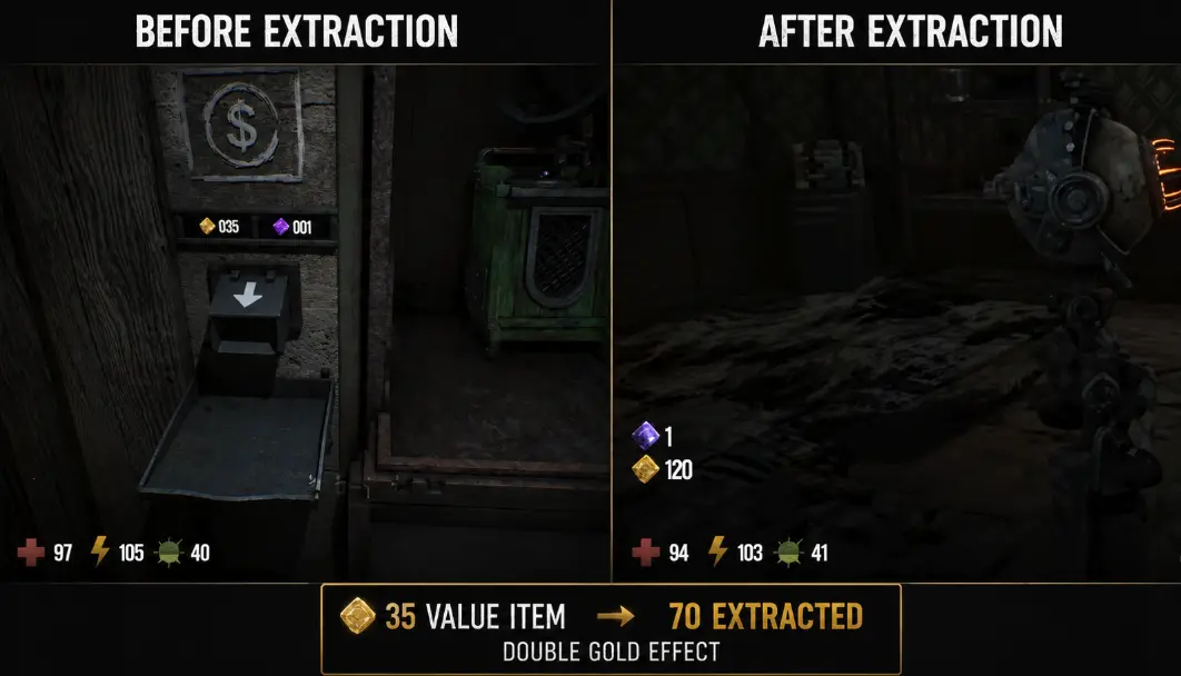 GRAIN ROT 2x Gold comparison showing a 35 value item producing 70 extracted Gold