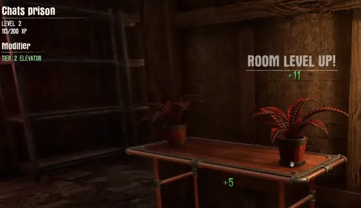 GRAIN ROT basement room at Level 2 showing 113 of 200 XP and Tier 2 Elevator