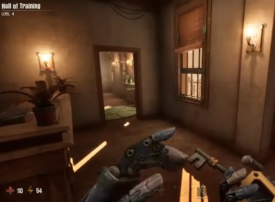 GRAIN ROT player taking the Second Floor Key upstairs to unlock the closed floor