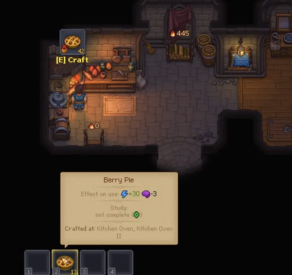 Berry Pie being prepared for Energy and Insanity management in Graveyard Keeper 2