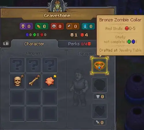Bronze Zombie Collar supporting zero to five Red Skulls in Graveyard Keeper 2
