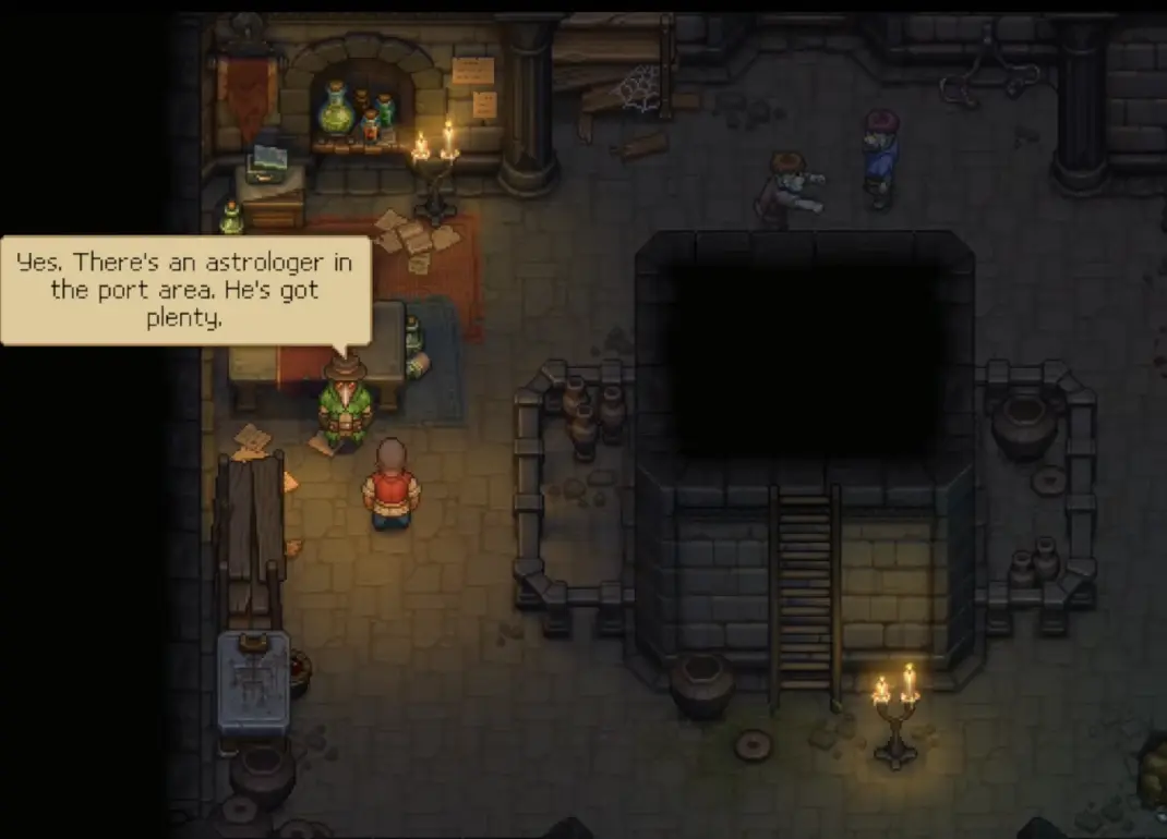 Plague Doctor explaining that the Port Astrologer has Comet's Tail in Graveyard Keeper 2