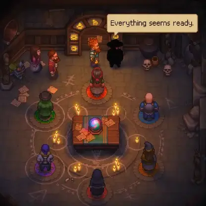 All required characters gathered around the rebuilt Portal in Graveyard Keeper 2
