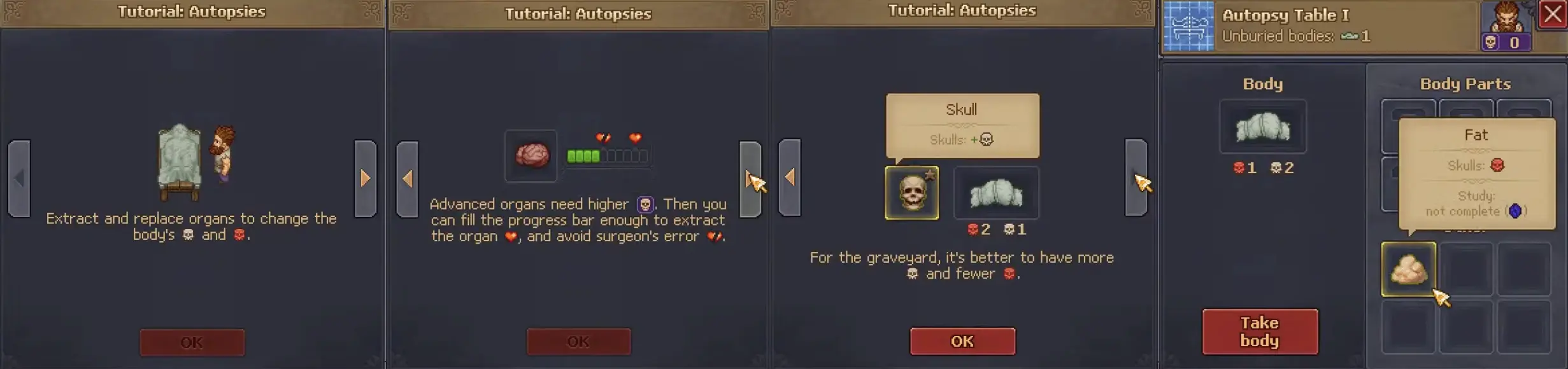 Autopsy tutorial showing White and Red Skulls in Graveyard Keeper 2