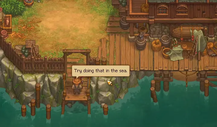 Fisherman asking for a sea fish caught near the pier in Graveyard Keeper 2