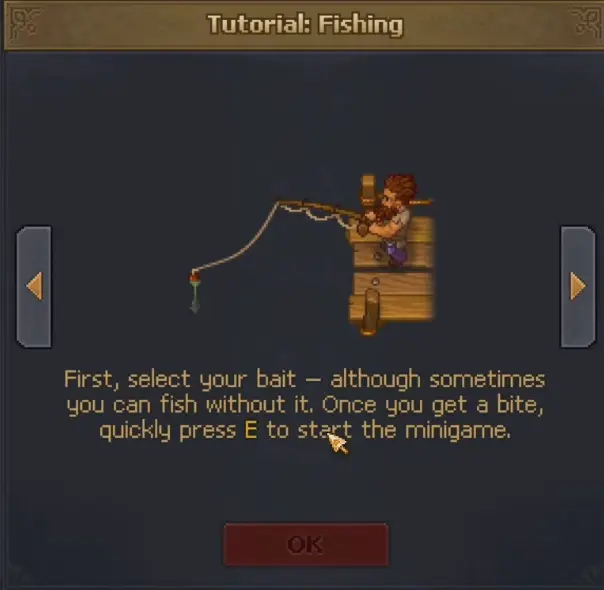 Fishing controls explaining hooking and reeling in Graveyard Keeper 2