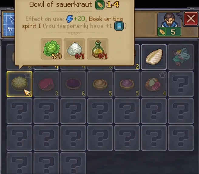 Food providing temporary Writing and Alchemy Mastery bonuses in Graveyard Keeper 2