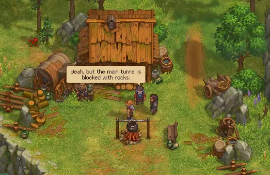 Hans explaining that the Forest mine is blocked and needs explosives in Graveyard Keeper 2