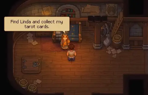 Gunter asking the Keeper to find Linda and collect his tarot cards in Graveyard Keeper 2