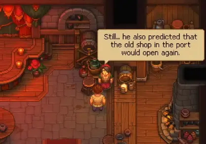 Linda explaining that the old shop in the Port needs to open again in Graveyard Keeper 2