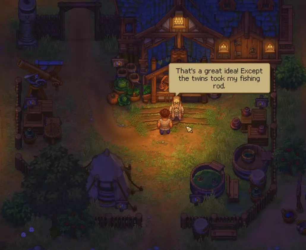 Merchant explaining that the twins borrowed his Fishing Rod in Graveyard Keeper 2
