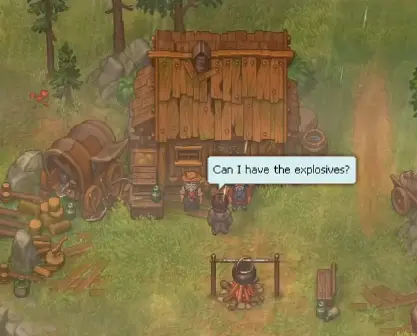 Bandits giving the Keeper explosives for the Forest mine in Graveyard Keeper 2