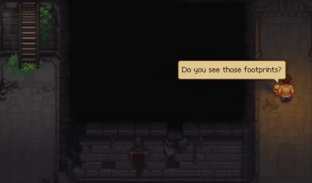 Footprints leading to the Plague Doctor beneath the Inquisitor base in Graveyard Keeper 2