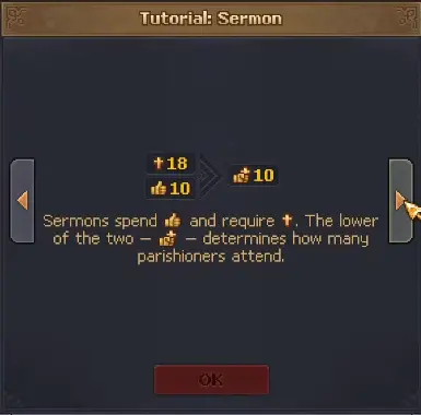 Sermon screen showing Town Gratitude and Church Power in Graveyard Keeper 2