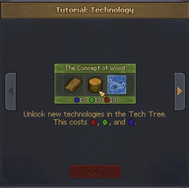 Concept of Wood costing red green and blue technology points in Graveyard Keeper 2