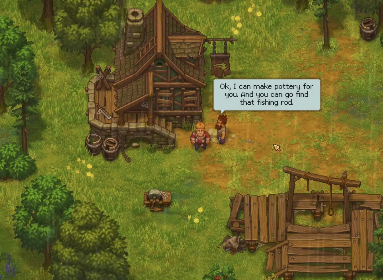Twins sending the Keeper to Jeffrey during the Fishing Rod quest in Graveyard Keeper 2