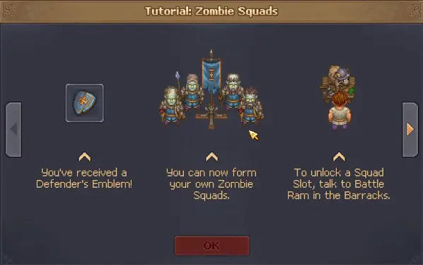 Zombie Squads tutorial after receiving a Defender's Emblem in Graveyard Keeper 2