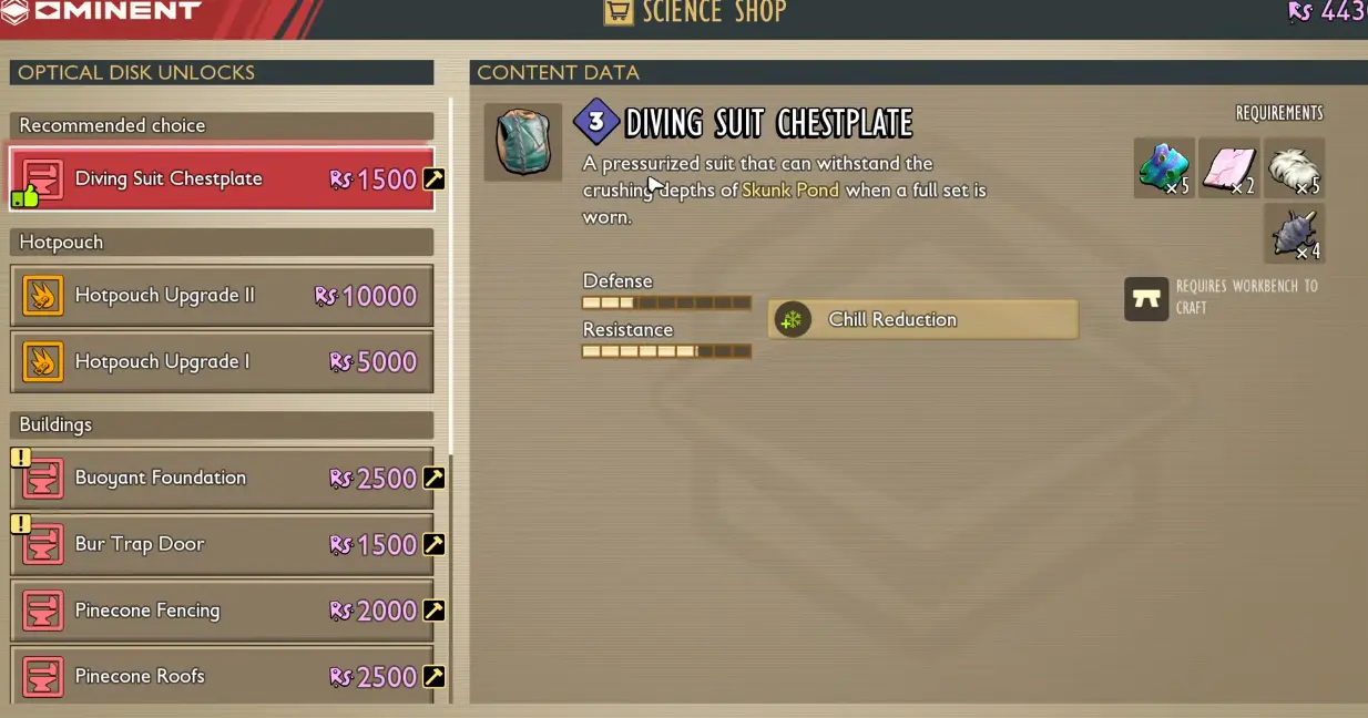 Grounded 2 Diving Suit Chestplate unlock showing its Raw Science cost and Chill Reduction