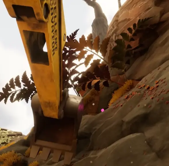Toy Excavator creating a new climbing route at Gnarly Bark in Grounded 2