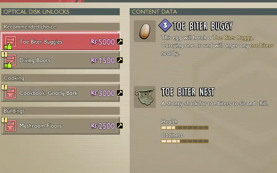 Gnarly Bark Optical Disc unlocks showing Diving Boots and Toe Biter progression in Grounded 2