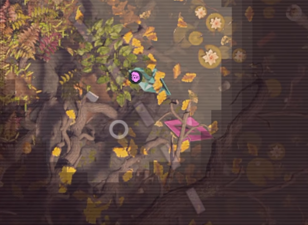 Blue paper boat beside the Phantom Quartz cave under Gnarly Bark in Grounded 2