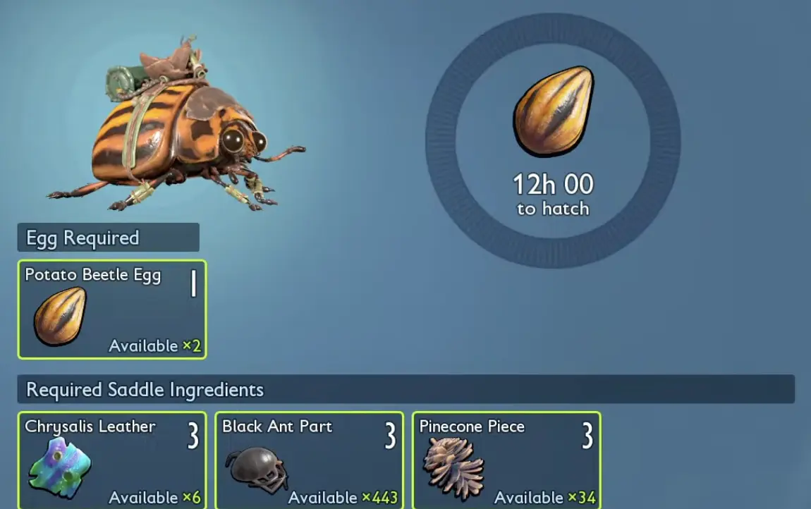 Potato Beetle Buggy Hatchery recipe requiring one egg, three Chrysalis Leather, three Black Ant Parts, and three Pinecone Pieces