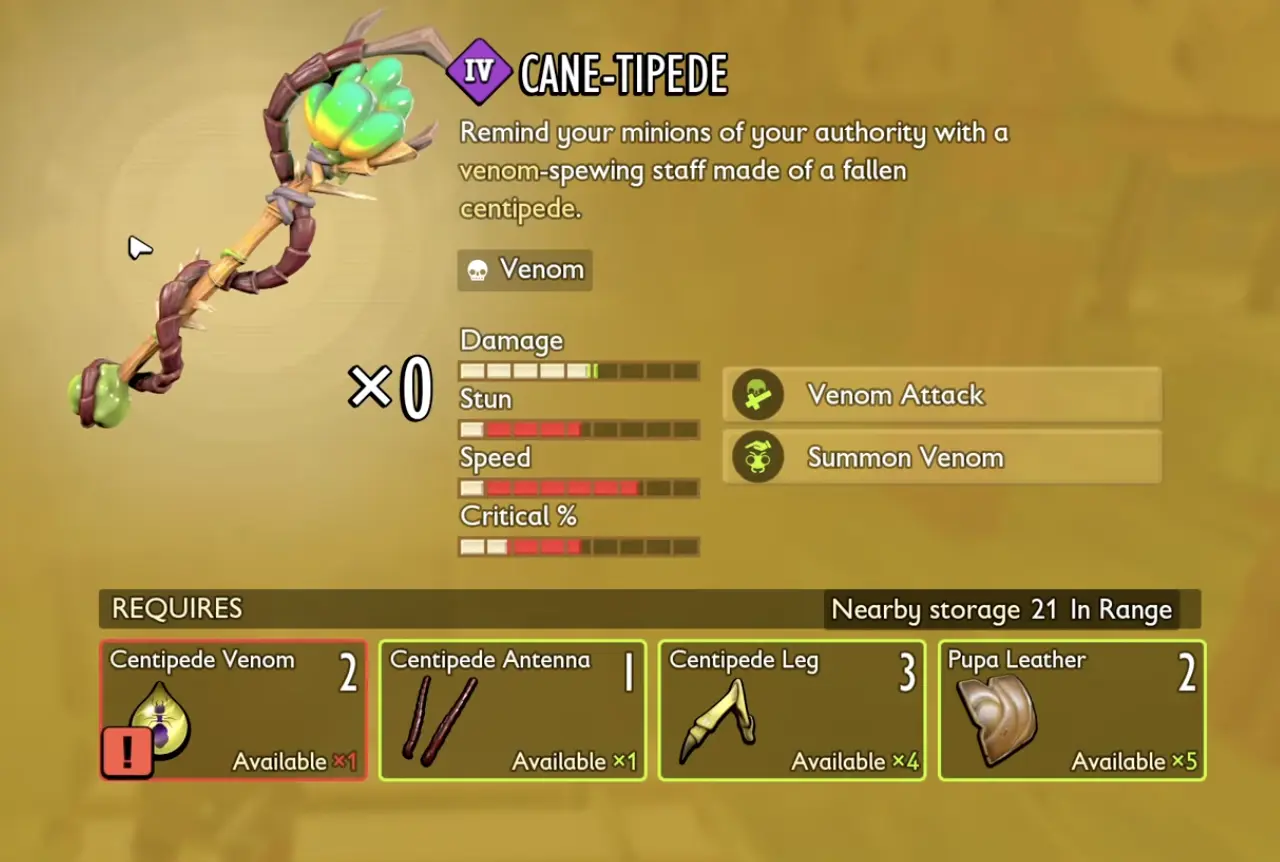 Cane-tipede venom staff unlocked from Skritch Centipede materials
