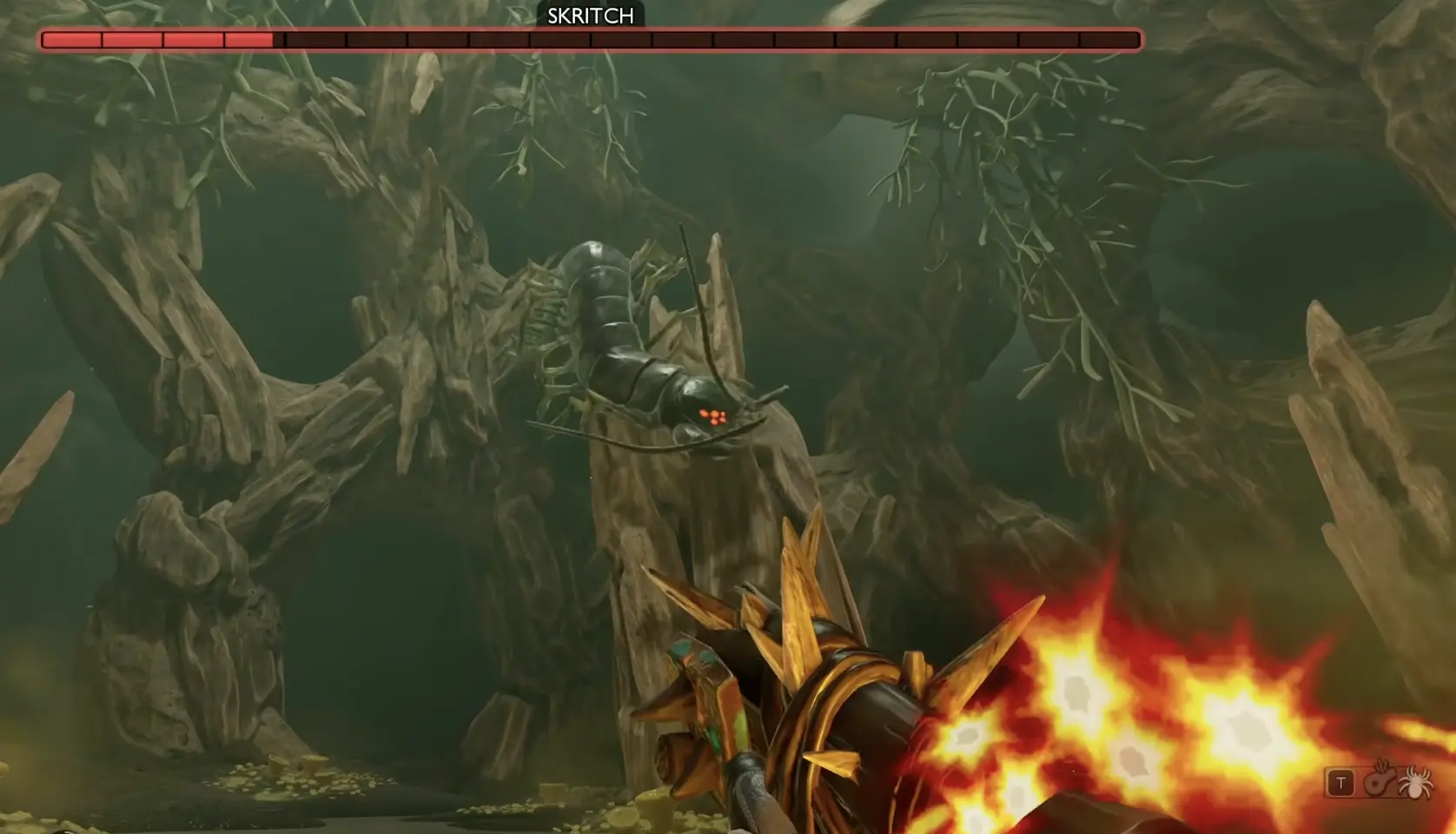 Skritch using its burrow attack during the final phase of the Centipede boss fight