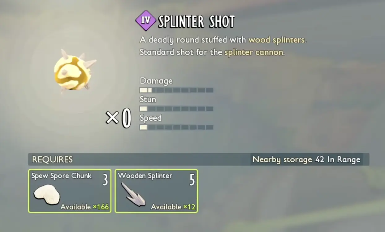 Tier IV Splinter Shot ammunition recipe requiring three Spew Spore Chunks and five Wooden Splinters